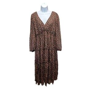 August Sky Midi Dress L Floral Tiered Long Sleeve V Peasant Prairie Cottage Core